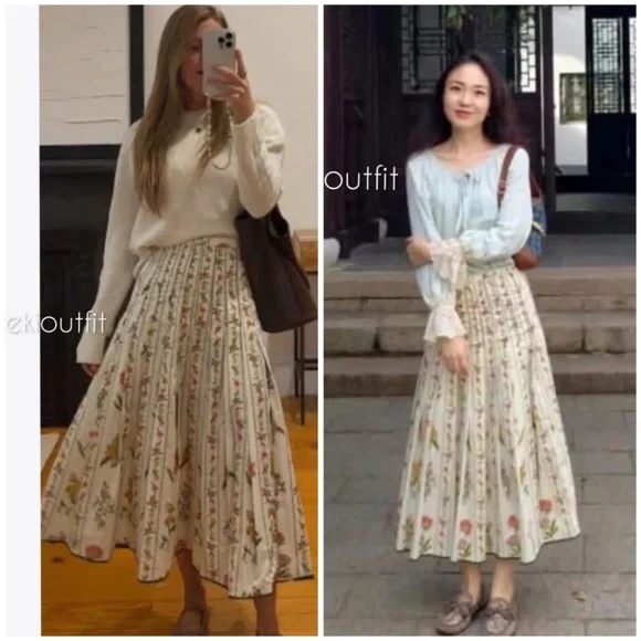 Zara 🔥 Pleated Floral Midi Skirt Botanical Flowy Cottagecore Prairie Cotton XL - Picture 3 of 16